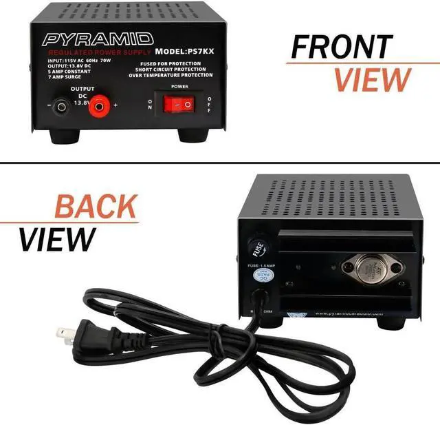 Alt view image 2 of 6 - Pyramid Universal Compact Bench Power Supply - 5 Amp Linear Regulated Home Lab Benchtop AC-to-DC 12V Converter w/ 13.8 Volt DC 115V AC 70 Watt Power Input, Screw Type Terminals, Cooling Fan - PS7KX