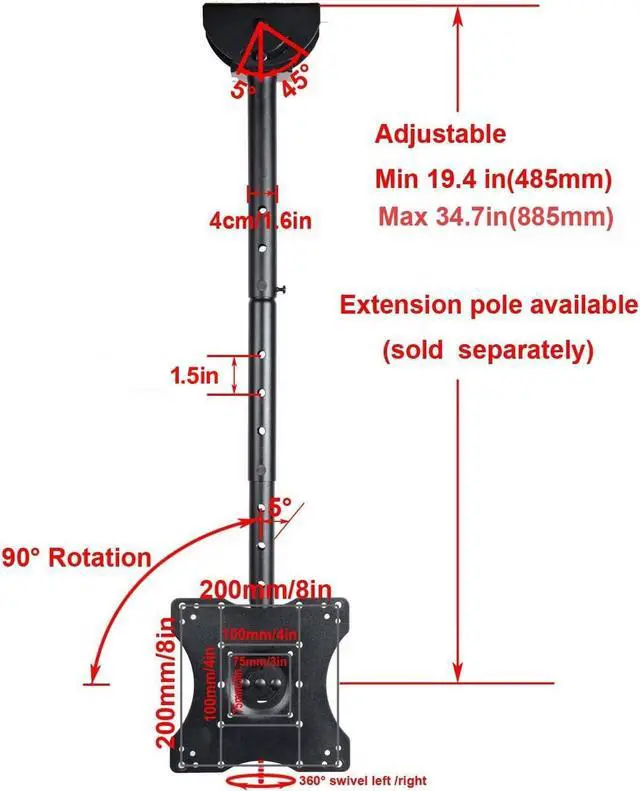 Main image of VideoSecu Adjustable Ceiling TV Mount Fits Most 26-55" LCD LED Plasma Monitor Flat Panel Screen Display with VESA 400x400 400x300 400x200 300x300 300x200 200x200mm MLCE7N 1JS
