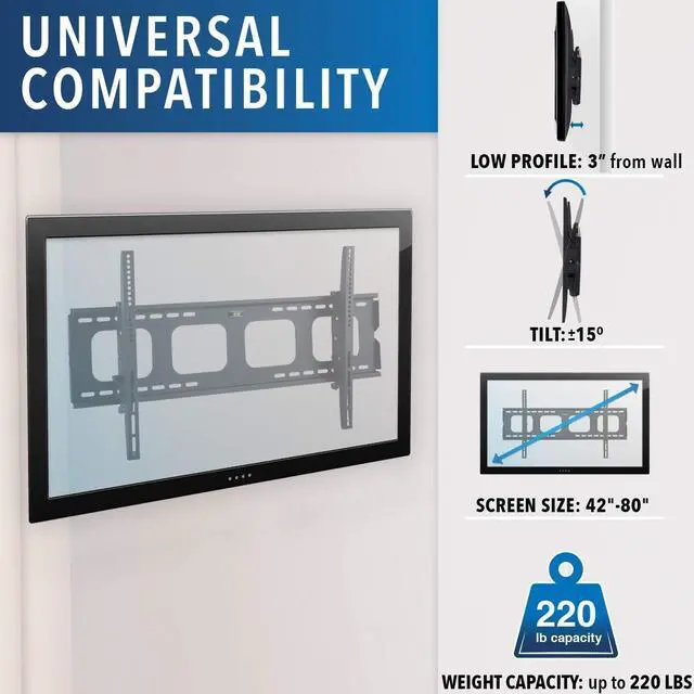 Alt view image 2 of 7 - Mount-It! Large Tilting TV Wall Mount Bracket | 42 43 50 55 58 65 70 75 80 Inch | 220 Pound Capacity | VESA Compatible | Low Profile | Flat Screens