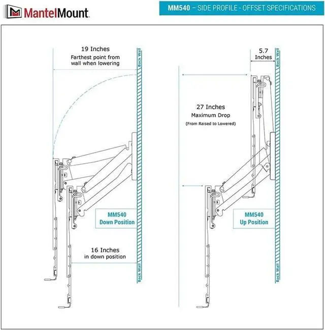 Alt view image 7 of 7 - MantelMount MM540 - Above Fireplace Pull Down TV Mount for 40" to 80" Screen TVs to 90 lbs, with Patented auto-straightening, Adjustable Stops, Heat Sensor Handles & Paintable Covers