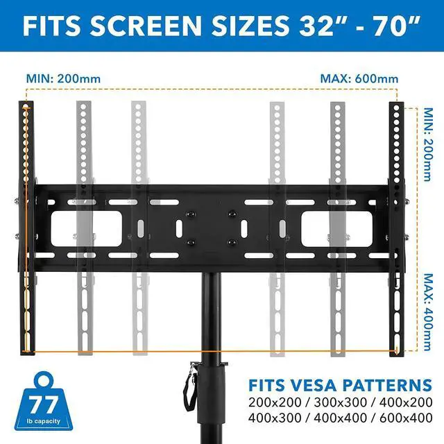 Alt view image 4 of 7 - TV Tripod Stand - Portable TV Stands for Flat Screens - Indoor or Outdoor TV Pole Stand - Television Tripod Stand for 32-70 Inches Screen - Single Pole TV Stand with 77lbs Capacity