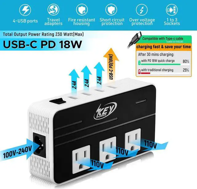 Alt view image 3 of 7 - 230-Watt Step Down 220V to 110V Voltage Converter & International Travel Adapter/Power Converter with USB-C Port 18W - [Use for USA Appliance Overseas in Europe, AU, UK, Ireland, etc.]