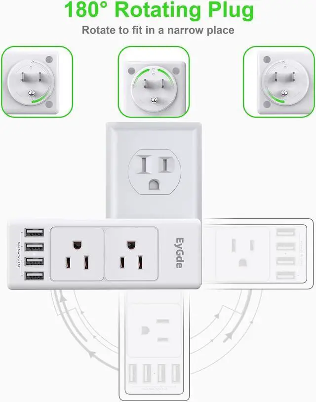 Alt view image 2 of 7 - Multi Plug Outlet Extender, EyGde Outlet Splitter with Rotating Plug, 6 Wall Outlet Widely Space (3 Sided) and 4 USB Ports, Wall Adapter Power Strip Surge Protector (1700J) for Travel, Office, White