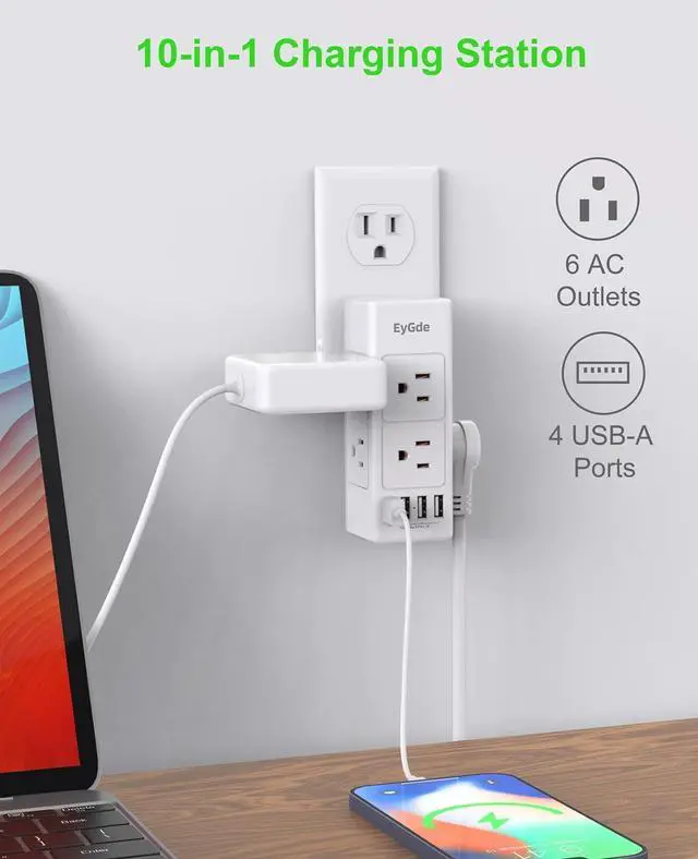 Alt view image 3 of 7 - Multi Plug Outlet Extender, EyGde Outlet Splitter with Rotating Plug, 6 Wall Outlet Widely Space (3 Sided) and 4 USB Ports, Wall Adapter Power Strip Surge Protector (1700J) for Travel, Office, White
