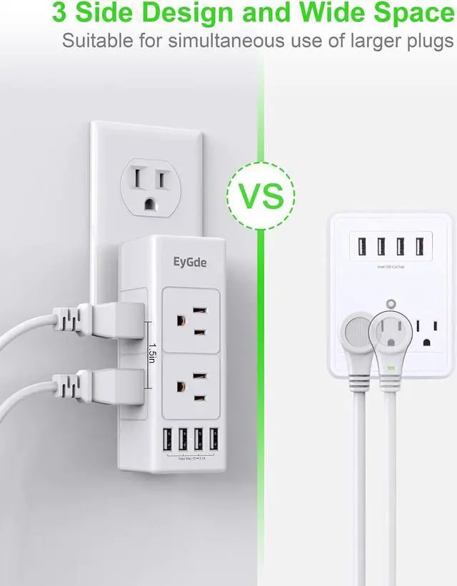 Alt view image 5 of 7 - Multi Plug Outlet Extender, EyGde Outlet Splitter with Rotating Plug, 6 Wall Outlet Widely Space (3 Sided) and 4 USB Ports, Wall Adapter Power Strip Surge Protector (1700J) for Travel, Office, White