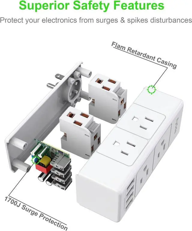 Alt view image 4 of 7 - Multi Plug Outlet Extender, EyGde Outlet Splitter with Rotating Plug, 6 Wall Outlet Widely Space (3 Sided) and 4 USB Ports, Wall Adapter Power Strip Surge Protector (1700J) for Travel, Office, White