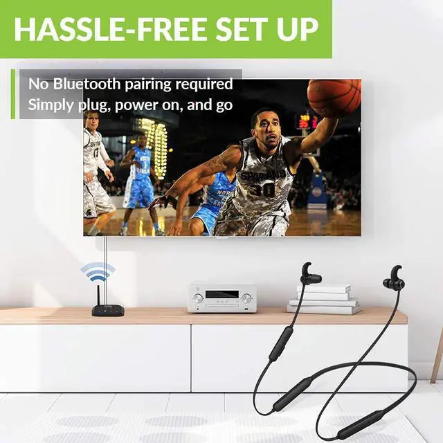 Alt view image 2 of 7 - Avantree HT5006 Wireless Earbuds for TV Listening, Passthrough Support, 20Hrs Neckband Headphones with Bluetooth Transmitter for Optical Digital, RCA, 3.5mm AUX TVs, Plug n Play, No Audio Delay
