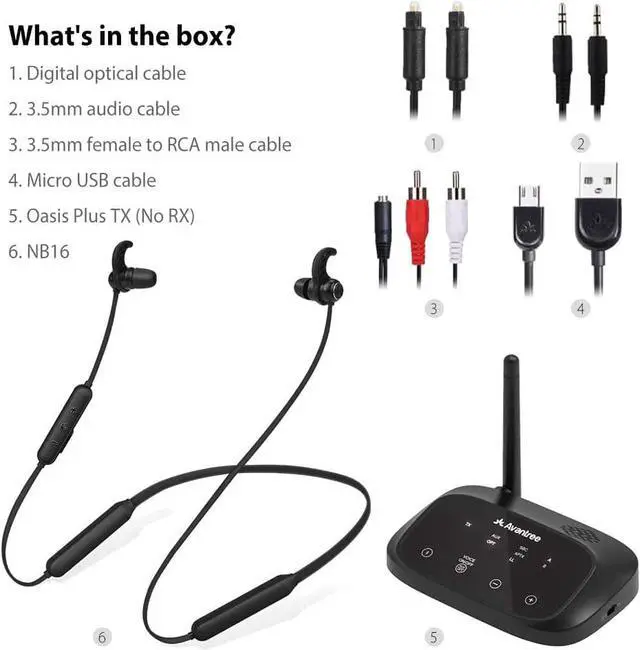 Alt view image 7 of 7 - Avantree HT5006 Wireless Earbuds for TV Listening, Passthrough Support, 20Hrs Neckband Headphones with Bluetooth Transmitter for Optical Digital, RCA, 3.5mm AUX TVs, Plug n Play, No Audio Delay
