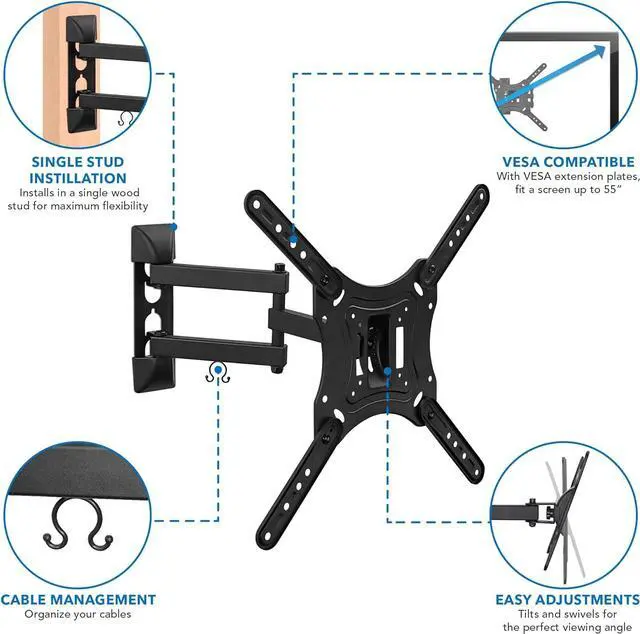 Alt view image 2 of 7 - Mount-It! Full Motion TV Wall Mount Monitor Wall Bracket with Swivel and Articulating Tilt Arm, Fits 26 32 35 37 40 42 47 50 55 Inch LCD LED OLED Flat Screens up to 66 lbs and VESA 400x400