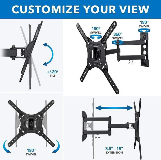Alt view image 4 of 7 - Mount-It! Full Motion TV Wall Mount Monitor Wall Bracket with Swivel and Articulating Tilt Arm, Fits 26 32 35 37 40 42 47 50 55 Inch LCD LED OLED Flat Screens up to 66 lbs and VESA 400x400
