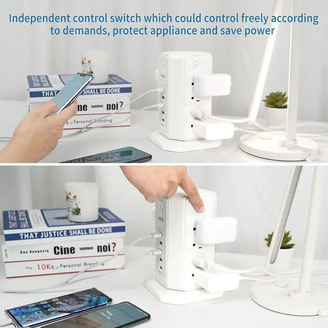 Alt view image 7 of 7 - Power Strip Tower Surge Protector, NTONPOWER 8 Outlet 5 USB Desktop Charging Station 1625W 13A, 6ft Extension Cord Flat Plug, Individual Switches, 1080 Joules, Overload Protection for Home Office