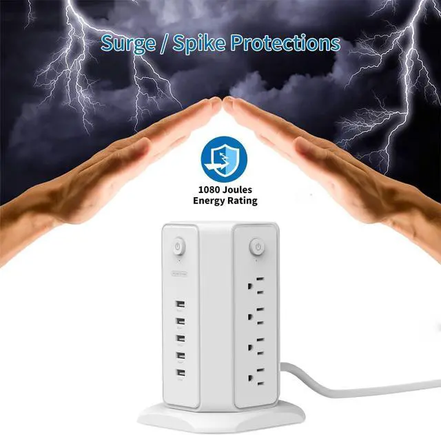 Alt view image 5 of 7 - Power Strip Tower Surge Protector, NTONPOWER 8 Outlet 5 USB Desktop Charging Station 1625W 13A, 6ft Extension Cord Flat Plug, Individual Switches, 1080 Joules, Overload Protection for Home Office