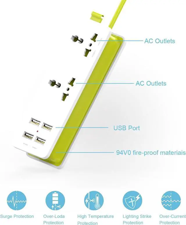 Alt view image 5 of 6 - K-century Travel Power Strip Surge Protector with 2 Outlets 4 USB Output 5V 4.2A Output Power Strip with USB Portable Travel Charger Wall Charger with 5ft Cord 100v-240v Power Sockets
