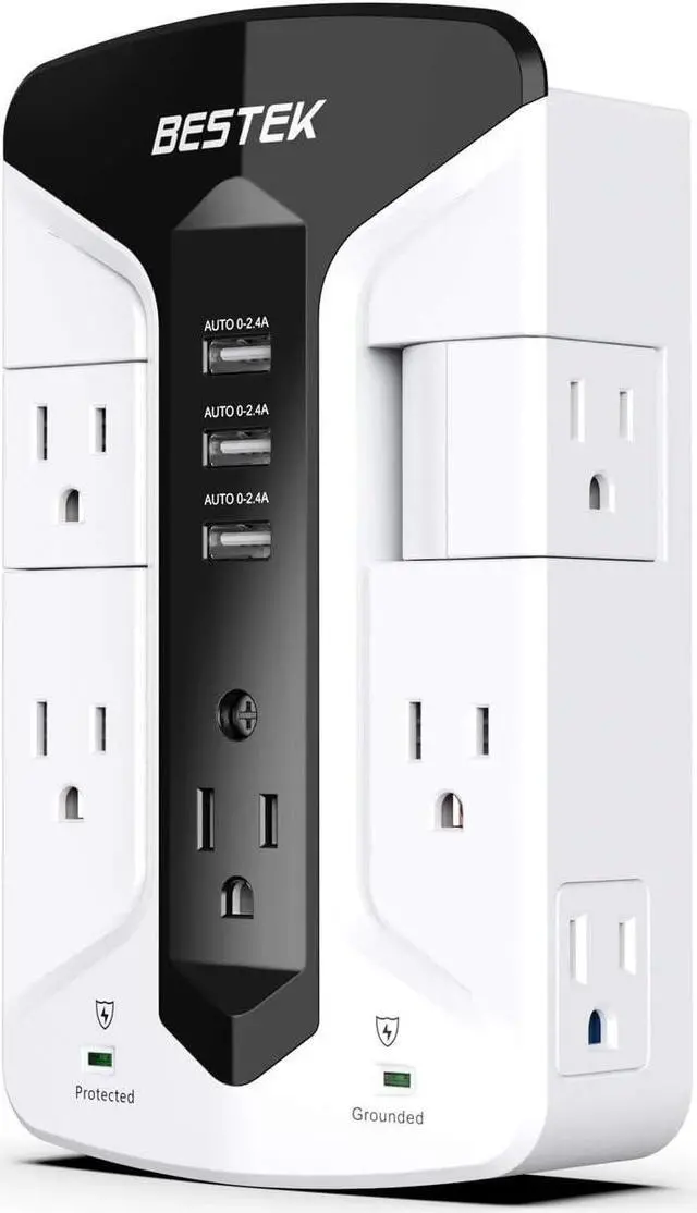 Main image of BESTEK 7-Outlet Wall Tap Surge Protector Power Strip with Swivel Outlets, 3 USB Charging Ports, 900 Joule Surge Suppression, Top Phone Holder