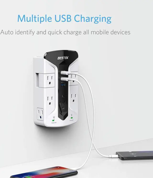 Alt view image 2 of 6 - BESTEK 7-Outlet Wall Tap Surge Protector Power Strip with Swivel Outlets, 3 USB Charging Ports, 900 Joule Surge Suppression, Top Phone Holder