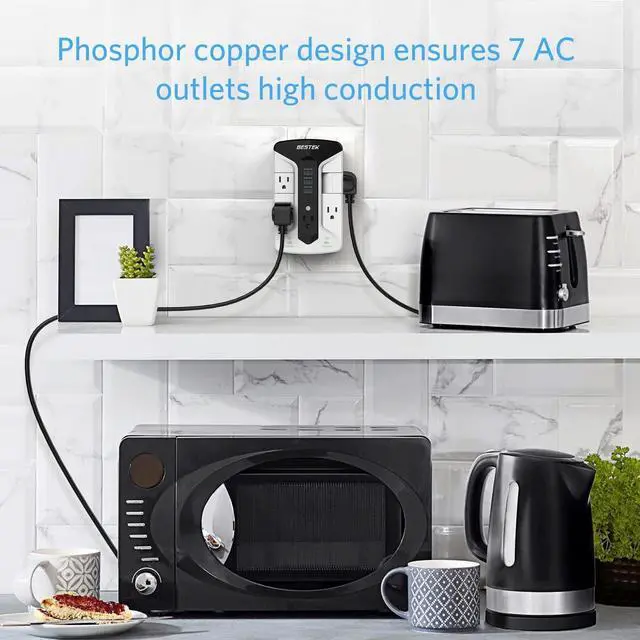 Alt view image 4 of 6 - BESTEK 7-Outlet Wall Tap Surge Protector Power Strip with Swivel Outlets, 3 USB Charging Ports, 900 Joule Surge Suppression, Top Phone Holder