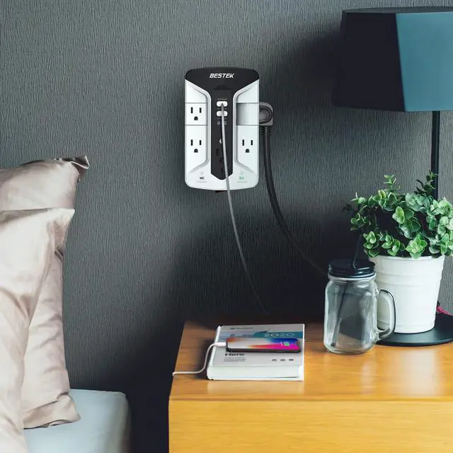 Alt view image 6 of 6 - BESTEK 7-Outlet Wall Tap Surge Protector Power Strip with Swivel Outlets, 3 USB Charging Ports, 900 Joule Surge Suppression, Top Phone Holder