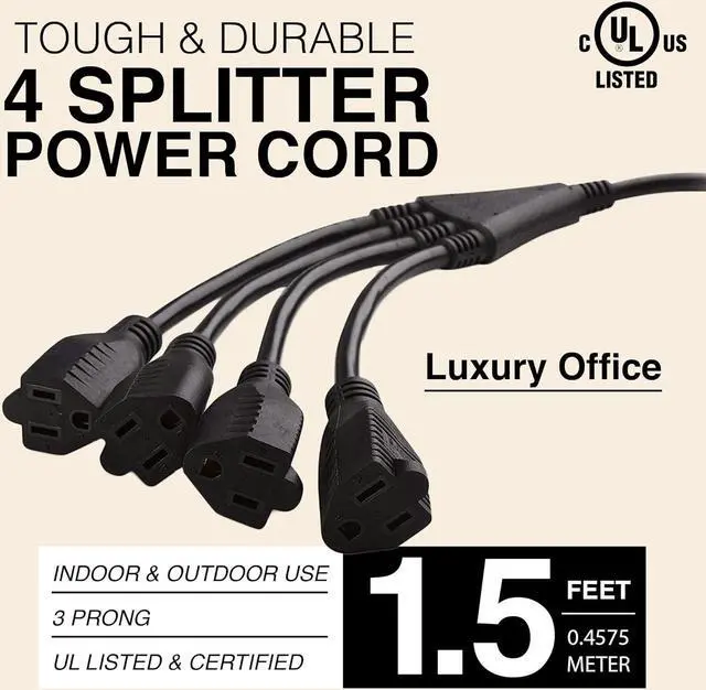 Alt view image 3 of 7 - 4 Way Power Splitter Pack of 5-1 to 4 Extension Cord Splitter, 1.5' Short Extension Cord UL Listed, Outlet Splitter 3 Prong, Power Strip Outlet Plug, Y Style Extension Cord, Black, SJT 16 AWG
