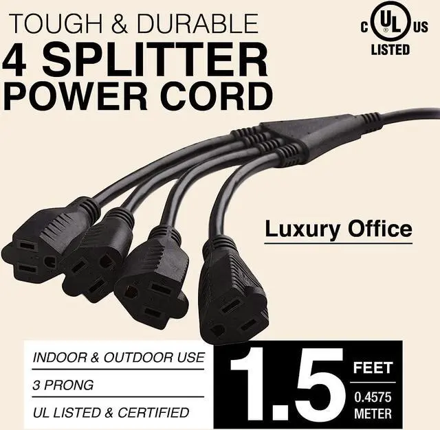 Alt view image 2 of 6 - 5 Way Power Splitter - 1 to 4 Extension Cord Splitter, 1.5' Short Extension Cord, Outlet Splitter 3 Prong, Power Strip Outlet Plug, Y Style Extension Cord, Black, SJT 16 AWG by Luxury Office