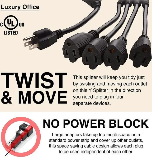 Alt view image 4 of 6 - 5 Way Power Splitter - 1 to 4 Extension Cord Splitter, 1.5' Short Extension Cord, Outlet Splitter 3 Prong, Power Strip Outlet Plug, Y Style Extension Cord, Black, SJT 16 AWG by Luxury Office