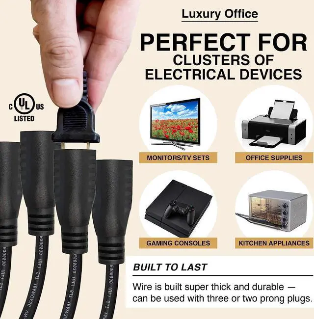 Alt view image 5 of 6 - 5 Way Power Splitter - 1 to 4 Extension Cord Splitter, 1.5' Short Extension Cord, Outlet Splitter 3 Prong, Power Strip Outlet Plug, Y Style Extension Cord, Black, SJT 16 AWG by Luxury Office