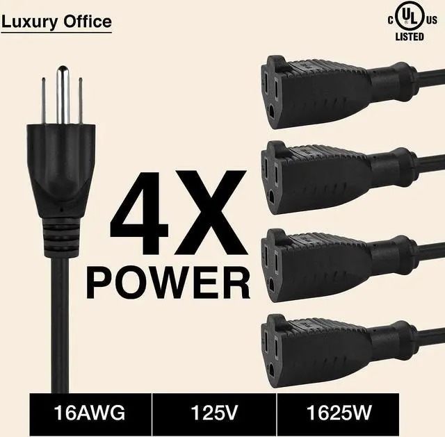 Alt view image 3 of 6 - 5 Way Power Splitter - 1 to 4 Extension Cord Splitter, 1.5' Short Extension Cord, Outlet Splitter 3 Prong, Power Strip Outlet Plug, Y Style Extension Cord, Black, SJT 16 AWG by Luxury Office