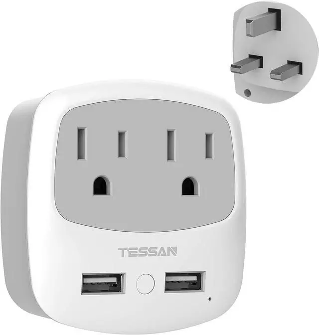 Main image of UK Ireland Travel Plug Adapter, TESSAN Type G Power Adaptor with 2 USB Charger Ports 2 American Outlets, US to Scotland London England British Irish Kenya Dubai Qatar