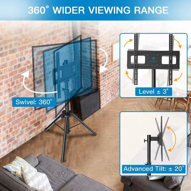 Alt view image 2 of 7 - TV Tripod Stand-Portable TV Stand for 23-60 Inch LED LCD OLED Flat Screen TVs-Height Adjustable Display Floor TV Stand with VESA 400x400mm, Holds up to 88lbs PSTM1