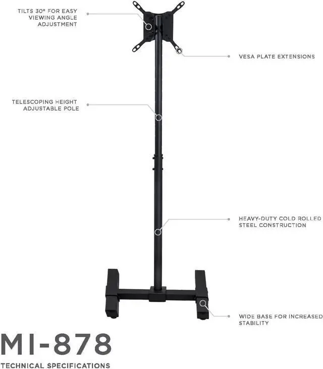 Alt view image 6 of 7 - Mount-It! Portable TV Floor Stand | Universal Pedestal for 13-42 Inch TVs and Monitors | Height Adjustable 29.5-52 Inches | VESA up to 200x200 mm | Lightweight Indoor & Outdoor TV Mount with Tilt