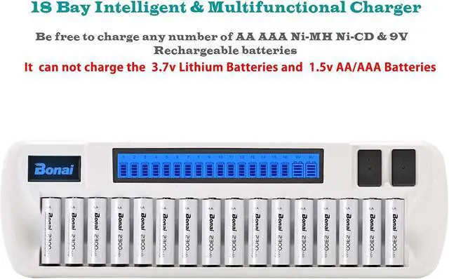 Alt view image 2 of 7 - Good Product Outlet 16+2 Bay Rechargeable Batteries Charger for nimh aa AAA 9v Batteries (Updated, High Speed Charging) with Smart LCD Display and AC Wall Adapter