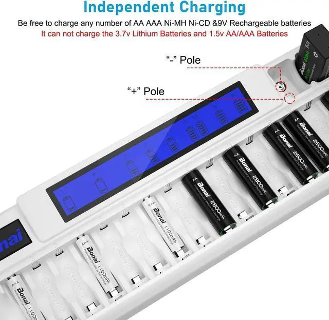 Alt view image 3 of 7 - Good Product Outlet 16+2 Bay Rechargeable Batteries Charger for nimh aa AAA 9v Batteries (Updated, High Speed Charging) with Smart LCD Display and AC Wall Adapter