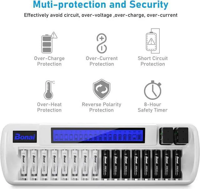 Alt view image 4 of 7 - Good Product Outlet 16+2 Bay Rechargeable Batteries Charger for nimh aa AAA 9v Batteries (Updated, High Speed Charging) with Smart LCD Display and AC Wall Adapter
