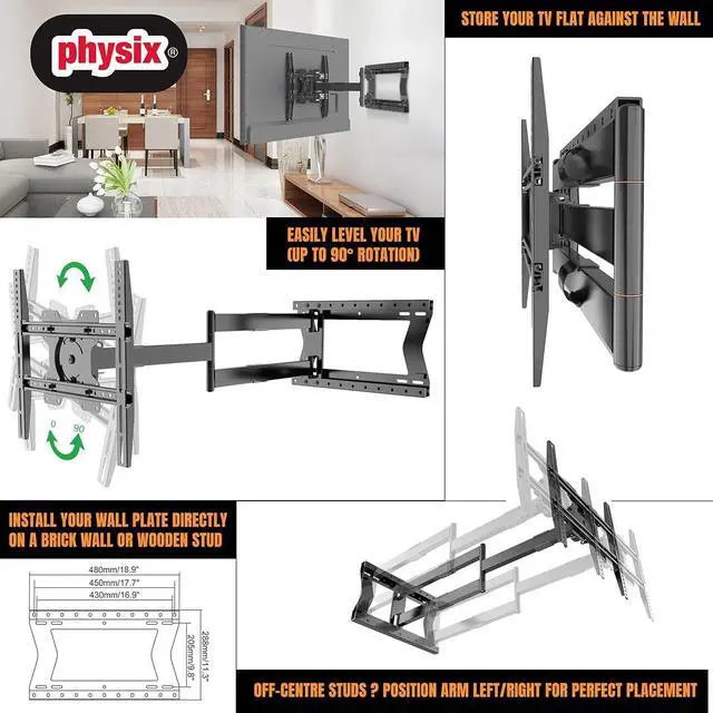 Alt view image 4 of 7 - Physix 2100 Long arm TV Wall Mount for 32-75 Inch Screens Extra Long Extension up to 40 Inch Heavy-Duty TV Mount Holds up to 88 lbs Full-Motion, Swivels up to 180° Max. VESA 600x400, Black