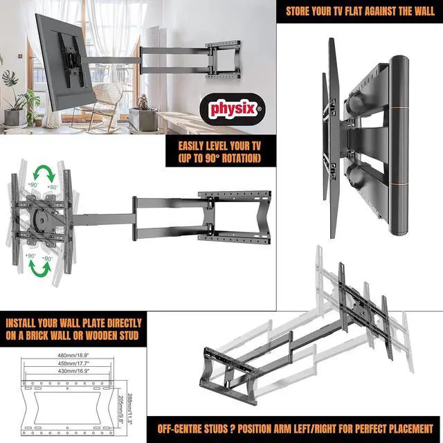 Alt view image 4 of 7 - Physix 2120 Long arm TV Wall Mount for 32-75 inch Screens | Extra Long Extension up to 47 inch | Heavy-Duty TV Mount Holds up to 77 lbs | Full-Motion, swivels up to 180° | Max. VESA 400x400