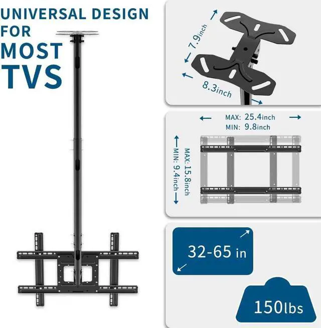 Alt view image 2 of 7 - TV Ceiling Mount Adjustable Bracket,TV Wall Mount Bracket Fits 32-65 Inch LCD LED 4K TVs, Flat Screen Display, Adjustable Height Telescoping Tilt and Swivel, up to 150Lbs, VESA 800x300mm, Black