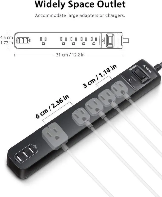 Alt view image 3 of 7 - 2 Pack Power Strip Surge Protector - 5 Widely Spaced Outlets 3 USB Charging Ports, 1875W/15A with 6Ft Braided Extension Cord, Flat Plug, Overload Surge Protection, Wall Mount for Home Office