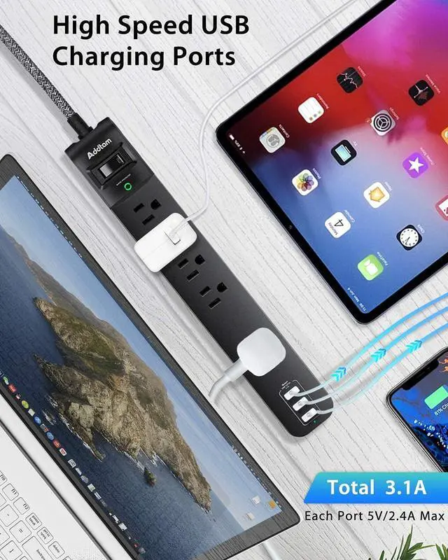 Alt view image 4 of 7 - 2 Pack Power Strip Surge Protector - 5 Widely Spaced Outlets 3 USB Charging Ports, 1875W/15A with 6Ft Braided Extension Cord, Flat Plug, Overload Surge Protection, Wall Mount for Home Office