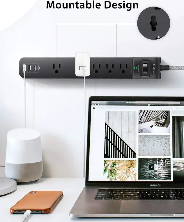 Alt view image 6 of 7 - 2 Pack Power Strip Surge Protector - 5 Widely Spaced Outlets 3 USB Charging Ports, 1875W/15A with 6Ft Braided Extension Cord, Flat Plug, Overload Surge Protection, Wall Mount for Home Office