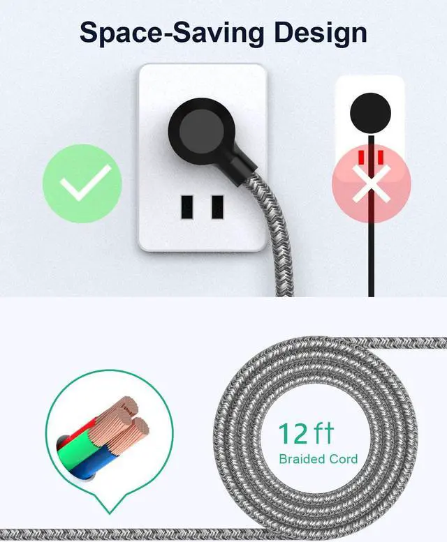 Alt view image 6 of 7 - 12FT Long Power Strip Surge Protector - with 6 Outlets 4 USB Ports, Heavy-Duty Braided Extension Cord, Flat Plug, 900 Joules, 15A Circuit Breaker, Wall Mount for Home Office (2 Pack)