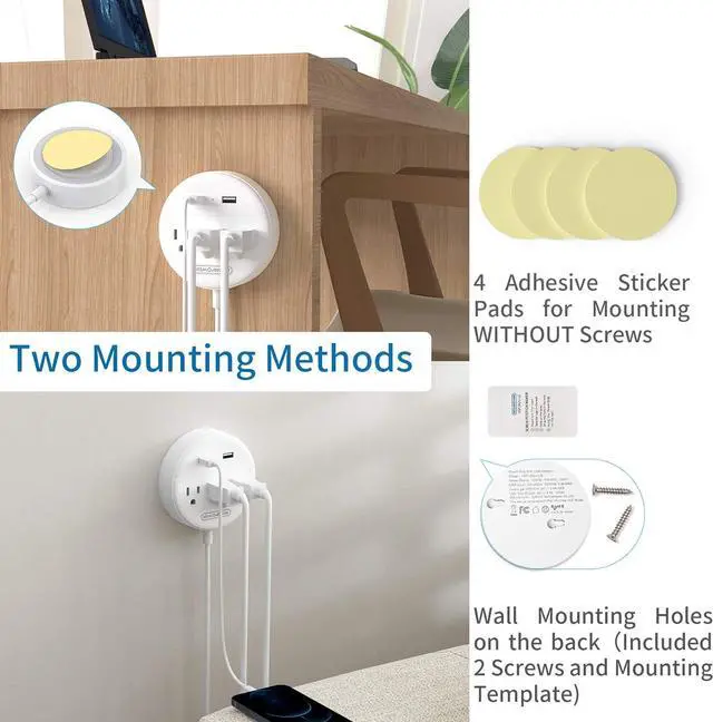 Alt view image 3 of 7 - Flat Plug Power Strip with USB Ports, NTONPOWER Nightstand Desktop Charging Station with 5ft Short Extension Cord, Wall Mount, Small Size for Dorm Room Nightstand Office, Travel, White