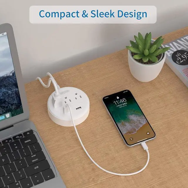 Alt view image 6 of 7 - Flat Plug Power Strip with USB Ports, NTONPOWER Nightstand Desktop Charging Station with 5ft Short Extension Cord, Wall Mount, Small Size for Dorm Room Nightstand Office, Travel, White