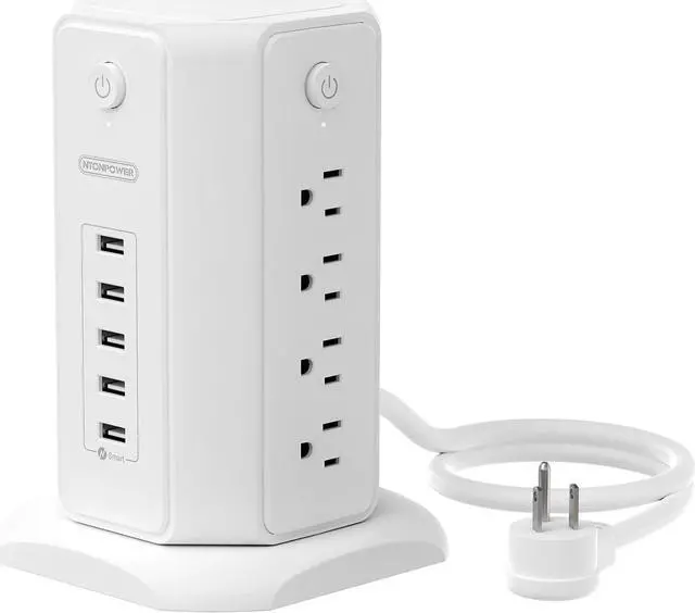 Main image of Power Strip Tower Surge Protector, NTONPOWER 8 Outlet 5 USB Desktop Charging Station 1625W 13A, 6ft Extension Cord Flat Plug, Individual Switches, 1080 Joules, Overload Protection for Home Office