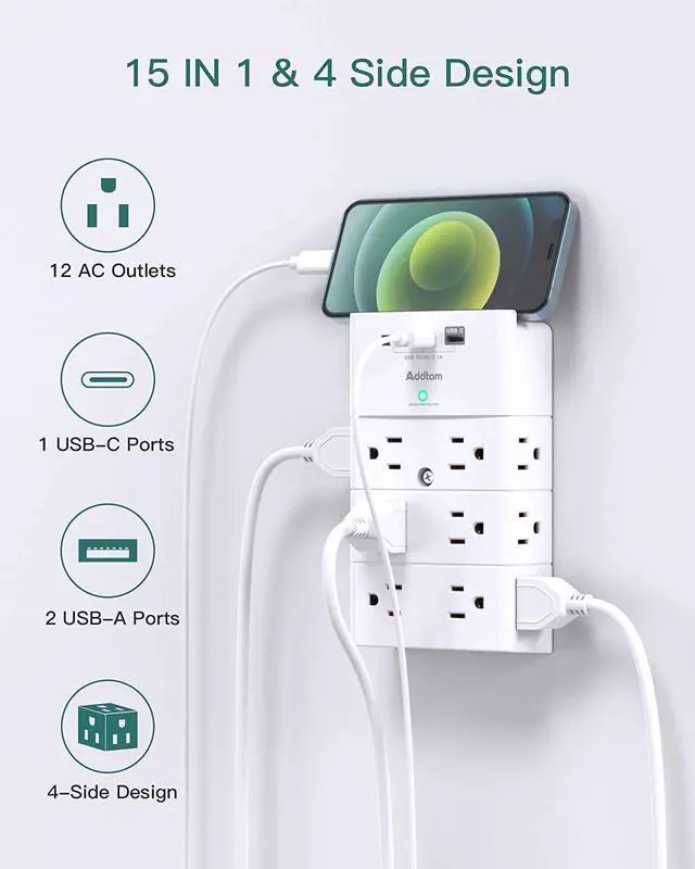 Alt view image 2 of 7 - Multi Plug Outlet - Addtam Surge Protector Wall Mount with 12 Outlet Extender- 3 Sides and 3 USB Ports (1 USB-C), Outlet Splitter Power Strip for Home, Office, Hotel, White