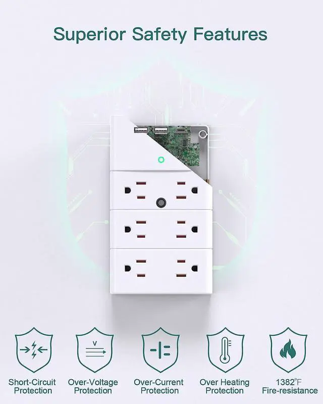 Alt view image 4 of 7 - Multi Plug Outlet - Addtam Surge Protector Wall Mount with 12 Outlet Extender- 3 Sides and 3 USB Ports (1 USB-C), Outlet Splitter Power Strip for Home, Office, Hotel, White