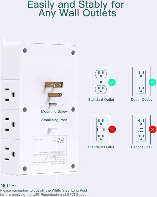 Alt view image 5 of 7 - Multi Plug Outlet - Addtam Surge Protector Wall Mount with 12 Outlet Extender- 3 Sides and 3 USB Ports (1 USB-C), Outlet Splitter Power Strip for Home, Office, Hotel, White