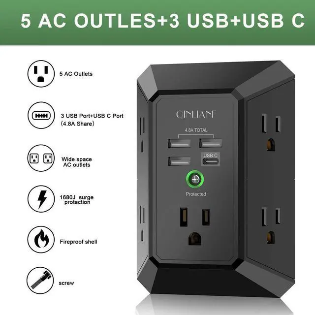 Alt view image 2 of 7 - USB Wall Charger, Surge Protector, QINLIANF 5 Outlet Extender with 4 USB Charging Ports (4.8A Total) 3-Sided 1680J Power Strip Multi Plug Outlets Wall Adapter Spaced for Home Travel Office, Black