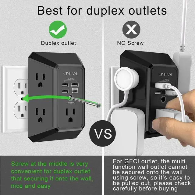 Alt view image 3 of 7 - USB Wall Charger, Surge Protector, QINLIANF 5 Outlet Extender with 4 USB Charging Ports (4.8A Total) 3-Sided 1680J Power Strip Multi Plug Outlets Wall Adapter Spaced for Home Travel Office, Black