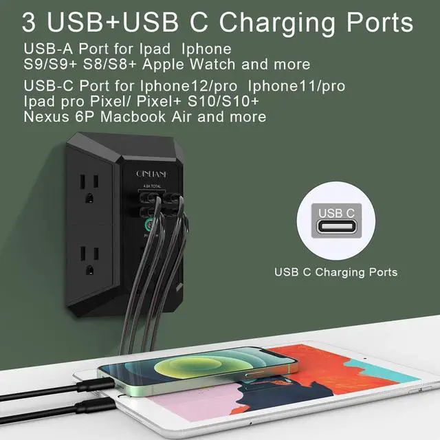 Alt view image 5 of 7 - USB Wall Charger, Surge Protector, QINLIANF 5 Outlet Extender with 4 USB Charging Ports (4.8A Total) 3-Sided 1680J Power Strip Multi Plug Outlets Wall Adapter Spaced for Home Travel Office, Black