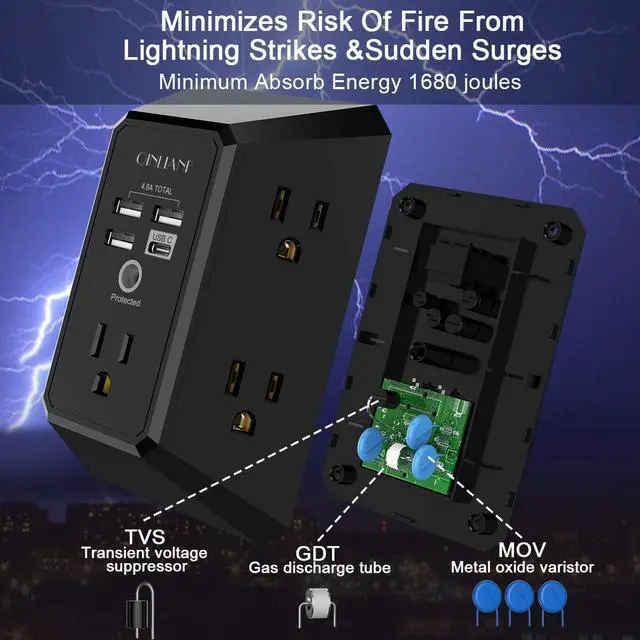 Alt view image 6 of 7 - USB Wall Charger, Surge Protector, QINLIANF 5 Outlet Extender with 4 USB Charging Ports (4.8A Total) 3-Sided 1680J Power Strip Multi Plug Outlets Wall Adapter Spaced for Home Travel Office, Black
