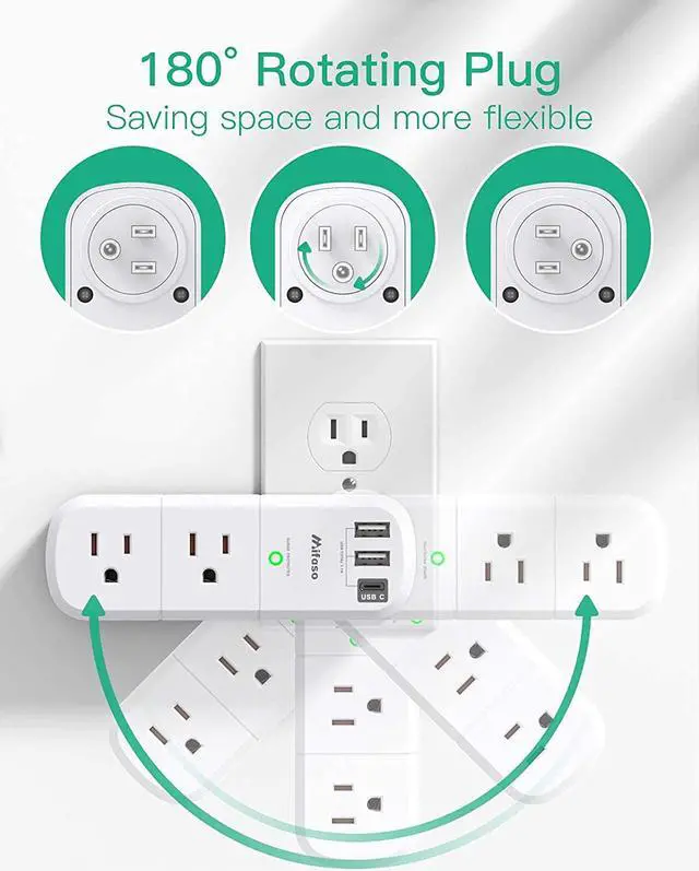 Alt view image 2 of 7 - Outlet Extender with Rotating Plug, Mifaso Surge Protector 6 AC Multi Plug Wall Outlets and 3 USB Ports, 1800 Joules, 3-Sided Swivel Power Strip Spaced Splitter for Home, Travel, Dorm Room Essentials